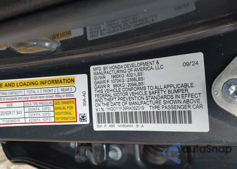 2024 Honda Accord Ex из США, поврежденный, VIN 1HGCY1F39RA092019